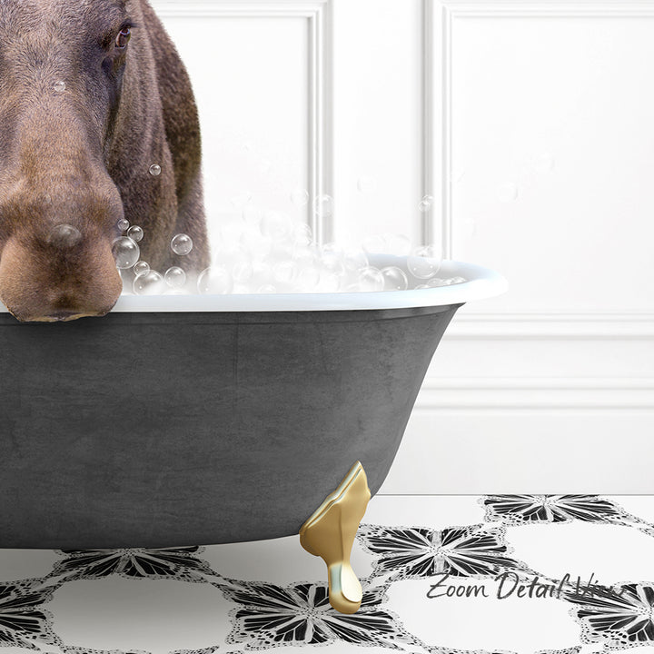 A dog is sitting in a bathtub filled with bubbles, with a gold bathtub faucet and a black and white patterned floor in the background.