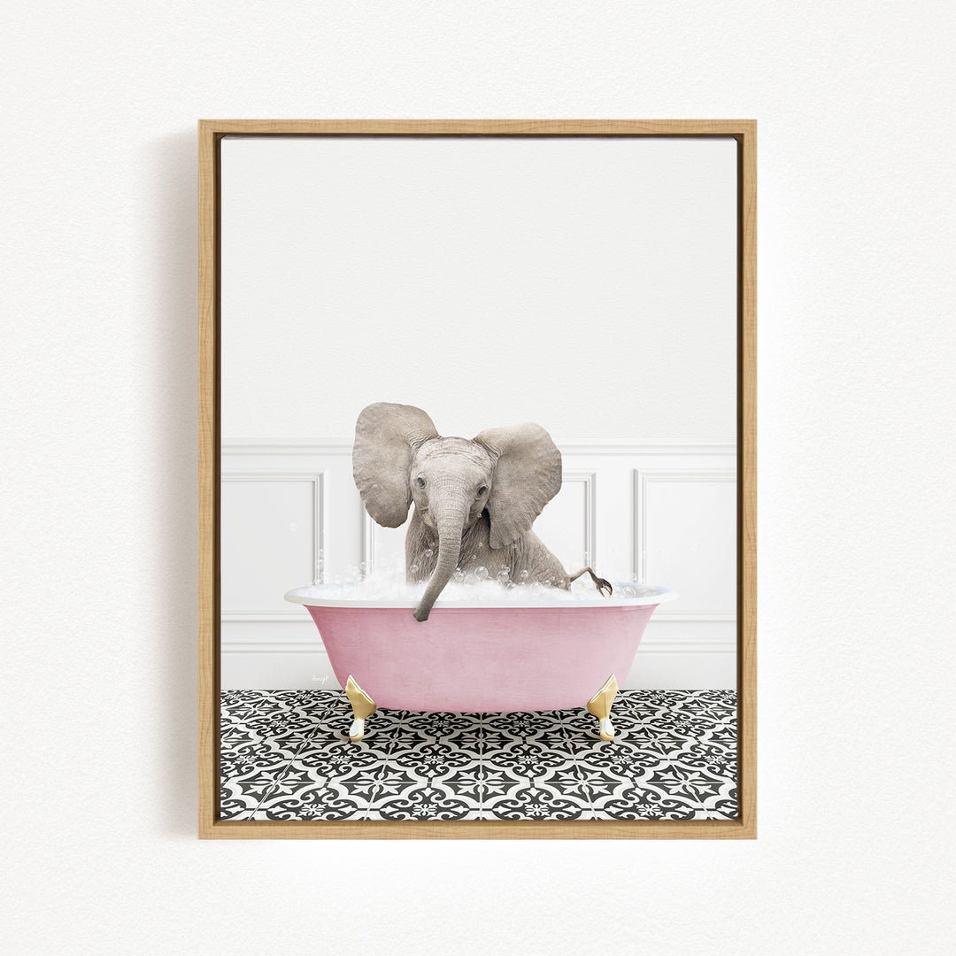 A gray elephant is sitting in a pink bathtub filled with water, surrounded by a black and white patterned floor.