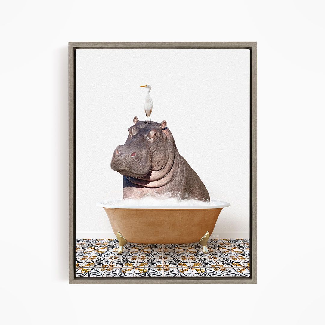 A large hippopotamus sitting in a bathtub, with a seagull perched on its head.