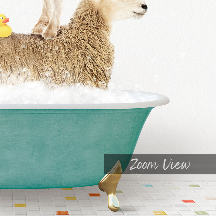 A sheep is standing in a bathtub filled with water, surrounded by bubbles, with a rubber duck floating on the water's surface.