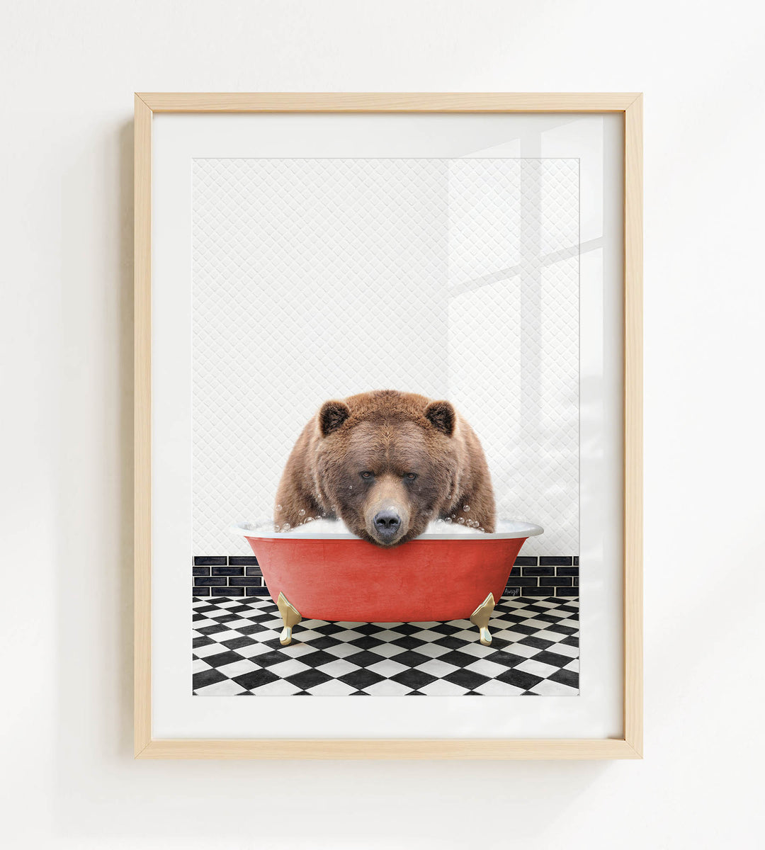 A brown bear is sitting in a red bathtub on a black and white checkered floor.