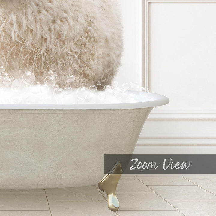 A fluffy white dog is sitting in a bathtub filled with bubbles, with a "Zoom View" label below the image.