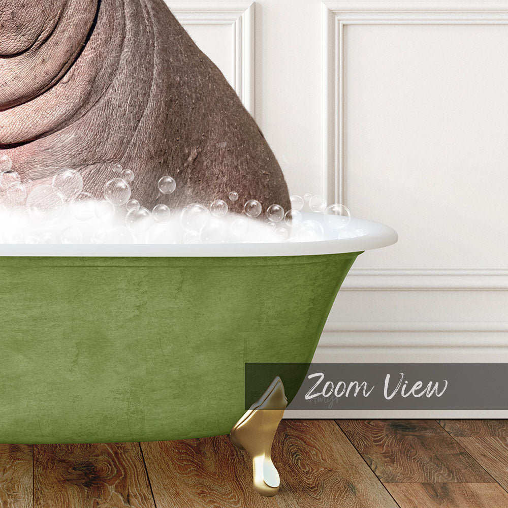 A green bathtub filled with bubbles, with a large, curled-up hippo partially submerged in the water.