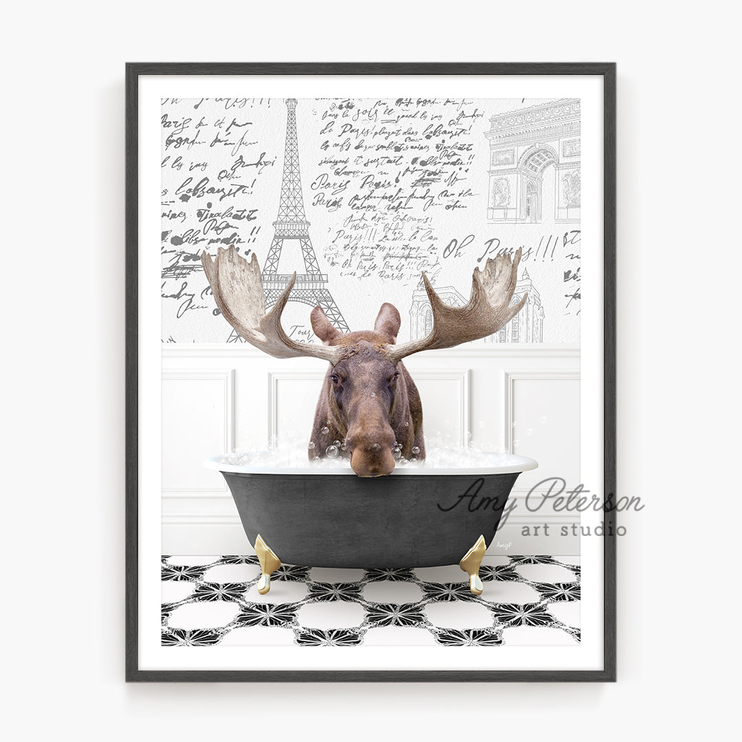 a picture of a moose in a bathtub with the eiffel tower in