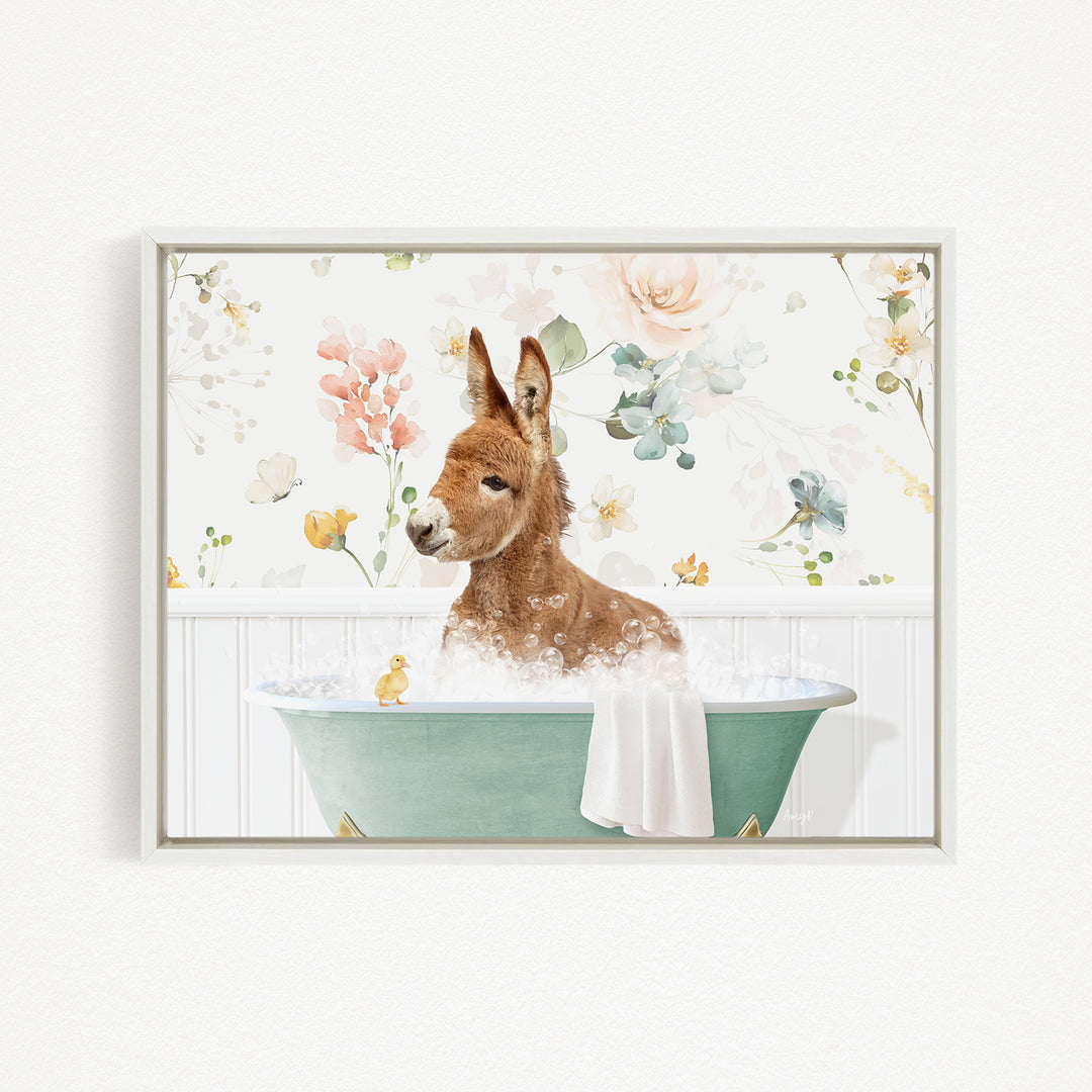 A brown kangaroo is sitting in a green bathtub filled with bubbles, surrounded by a floral pattern.