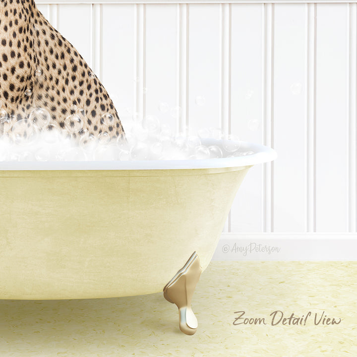 A leopard print bathtub filled with bubbles, with a gold faucet and a white wall in the background.
