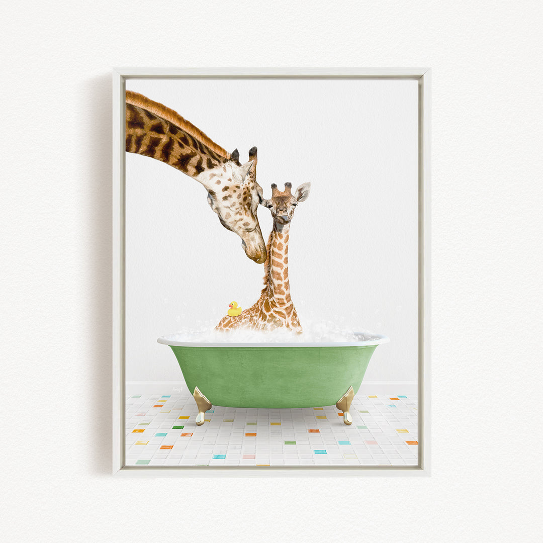 A mother giraffe and her baby giraffe are enjoying a bath together in a green bathtub, with the baby giraffe sitting in the tub and the mother giraffe standing over it.