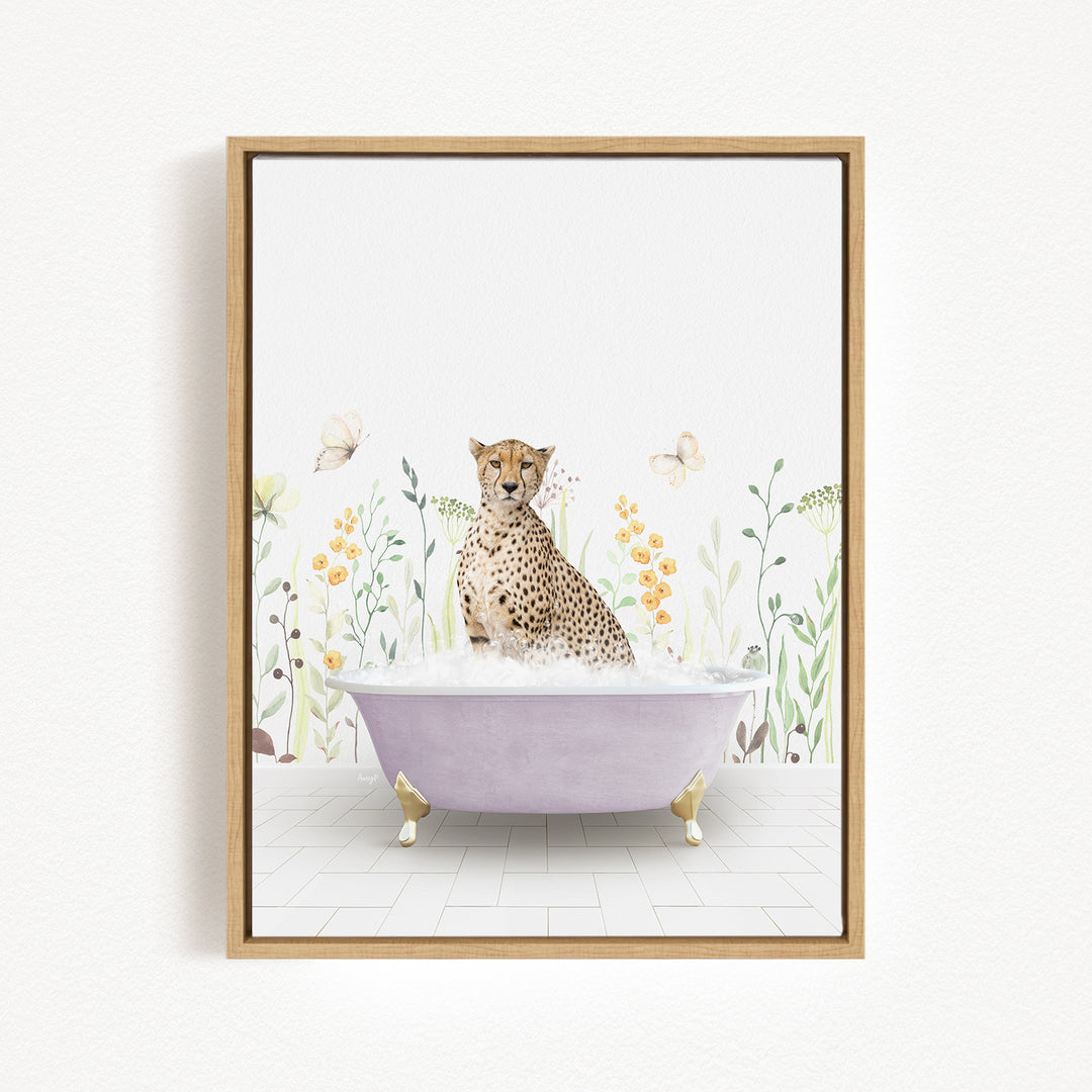 A cheetah sitting in a purple bathtub filled with water, surrounded by flowers and butterflies.