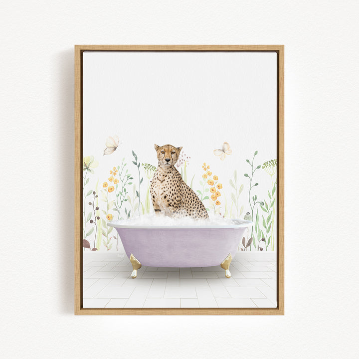 A cheetah sitting in a purple bathtub filled with water, surrounded by flowers and butterflies.