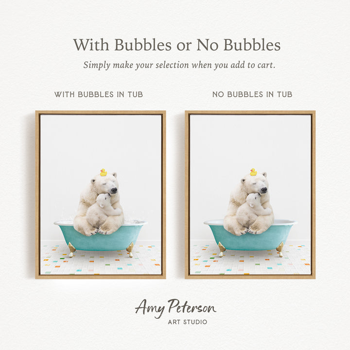 The image is a collage of two pictures, each featuring a polar bear and a baby bear sitting in a bathtub. The polar bear is sitting on the left side of the bathtub, while the baby bear is sitting on the right side. The polar bear has a yellow rubber duck on its head, and the baby bear has a yellow rubber duck on its head as well. The bathtub is blue and has gold legs. The image does not contain any text.