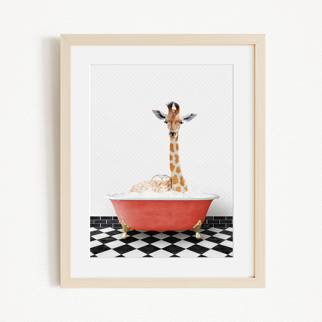 A giraffe standing in a red bathtub filled with bubbles, with a black and white checkered floor beneath it.