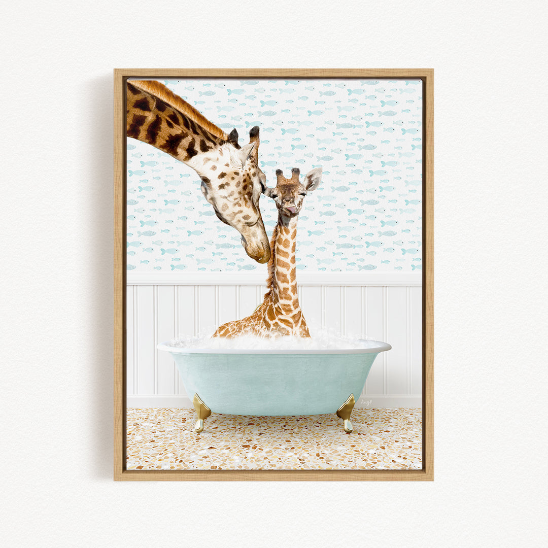 A mother giraffe and her baby giraffe are enjoying a relaxing bath together in a light blue bathtub, surrounded by a patterned wall.
