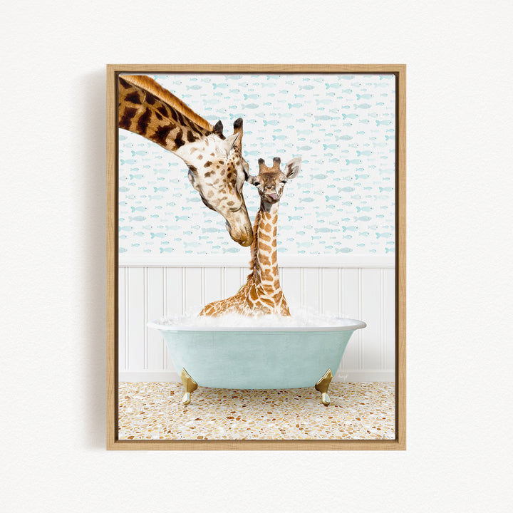 A mother giraffe and her baby giraffe are enjoying a relaxing bath together in a light blue bathtub, surrounded by a patterned wall.