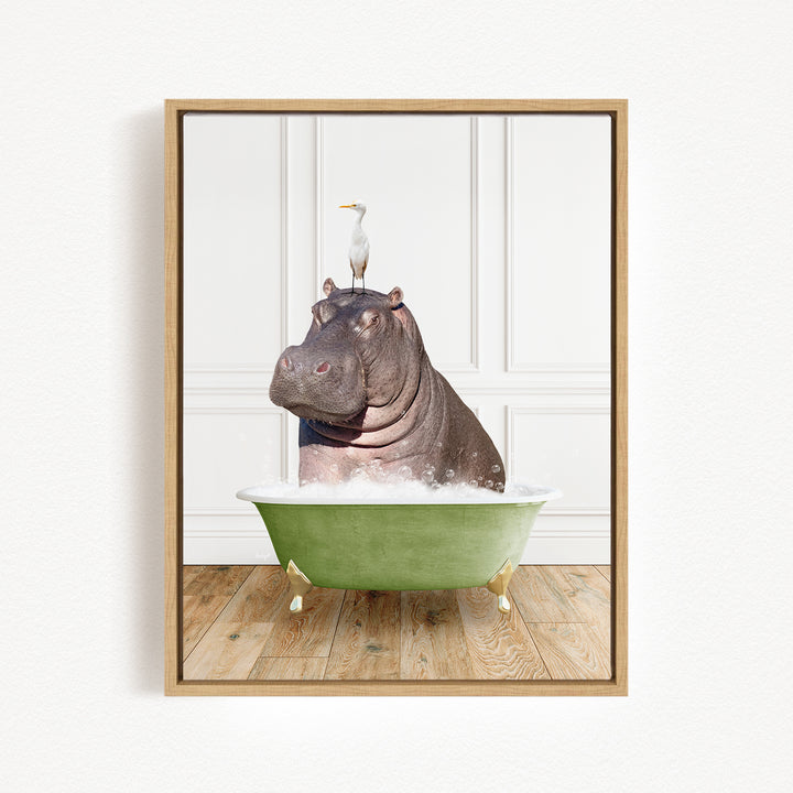 A hippopotamus sitting in a green bathtub, with a bird perched on its head.
