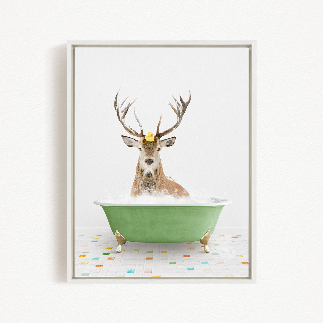 A deer with antlers is sitting in a green bathtub filled with bubbles, creating a whimsical and playful scene.