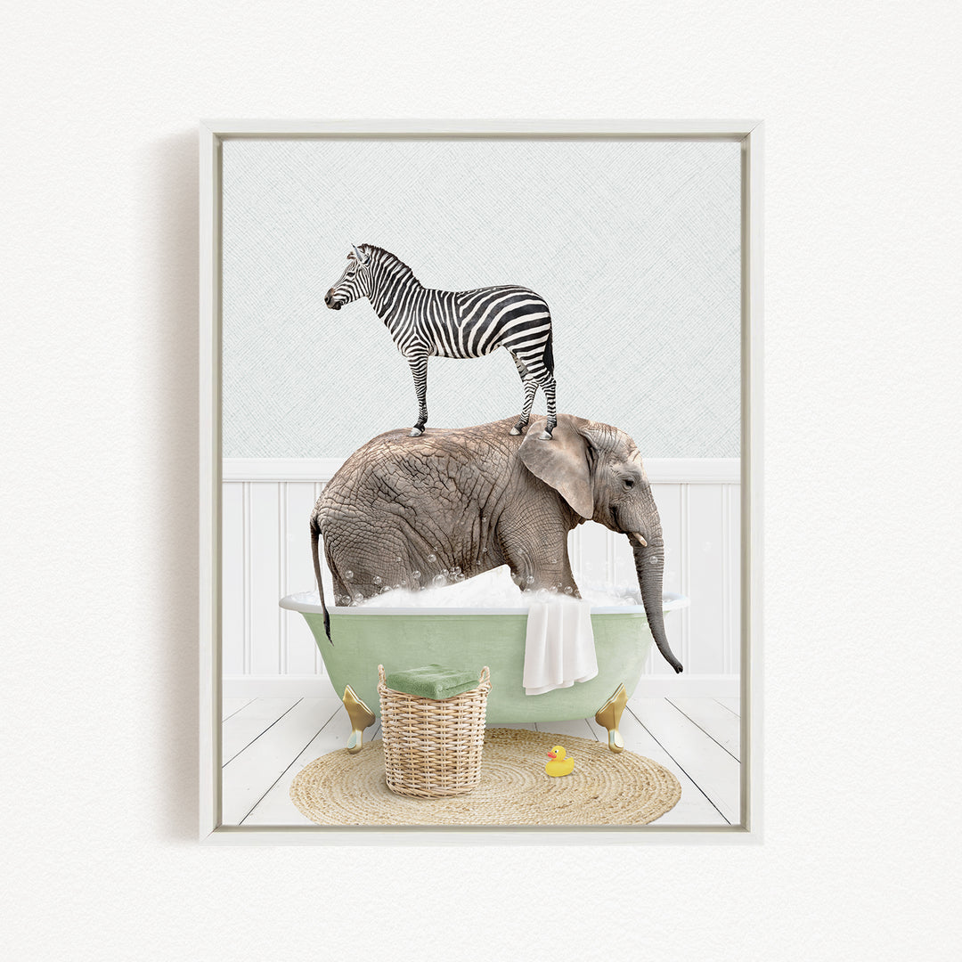 A zebra stands on the back of an elephant in a bathtub, surrounded by a yellow rubber duck and a woven basket.
