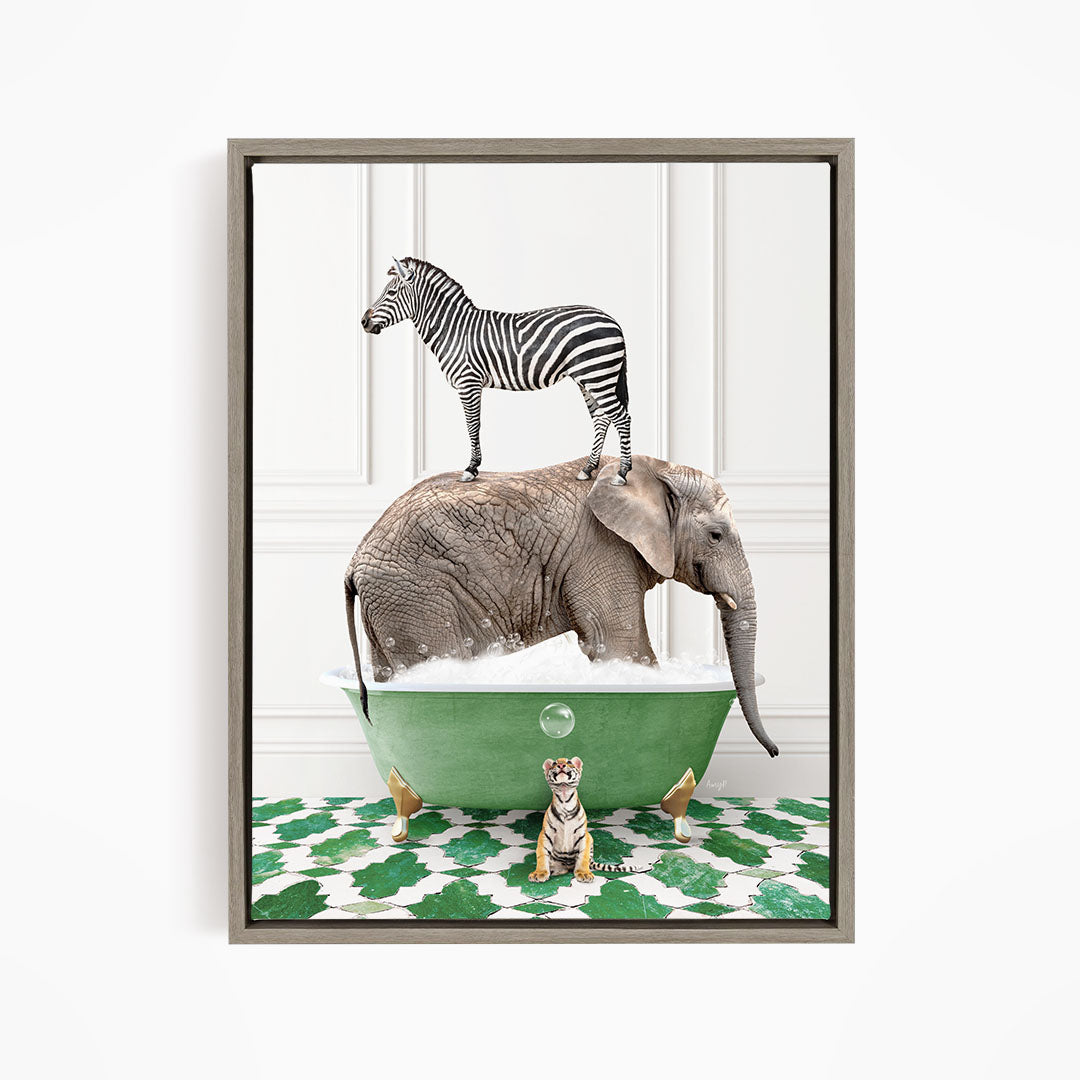 A zebra stands on the back of an elephant, which is submerged in a green bathtub, with a small tiger sitting in the tub as well.