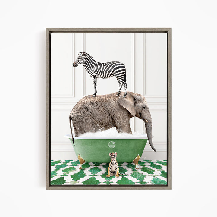 A zebra stands on the back of an elephant, which is submerged in a green bathtub, with a small tiger sitting in the tub as well.