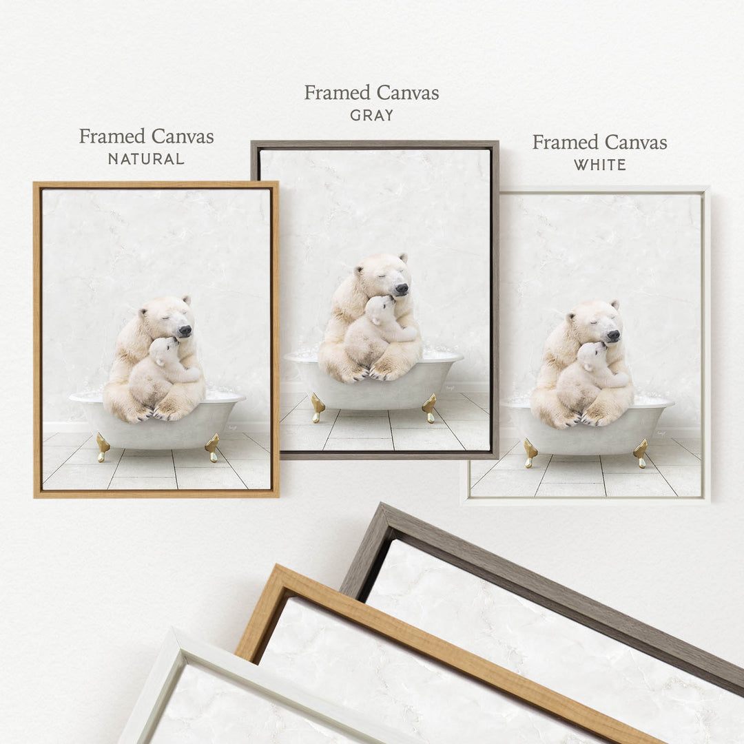 three framed pictures of polar bears sitting in bathtubs, each with a different frame color: natural, gray, and white.