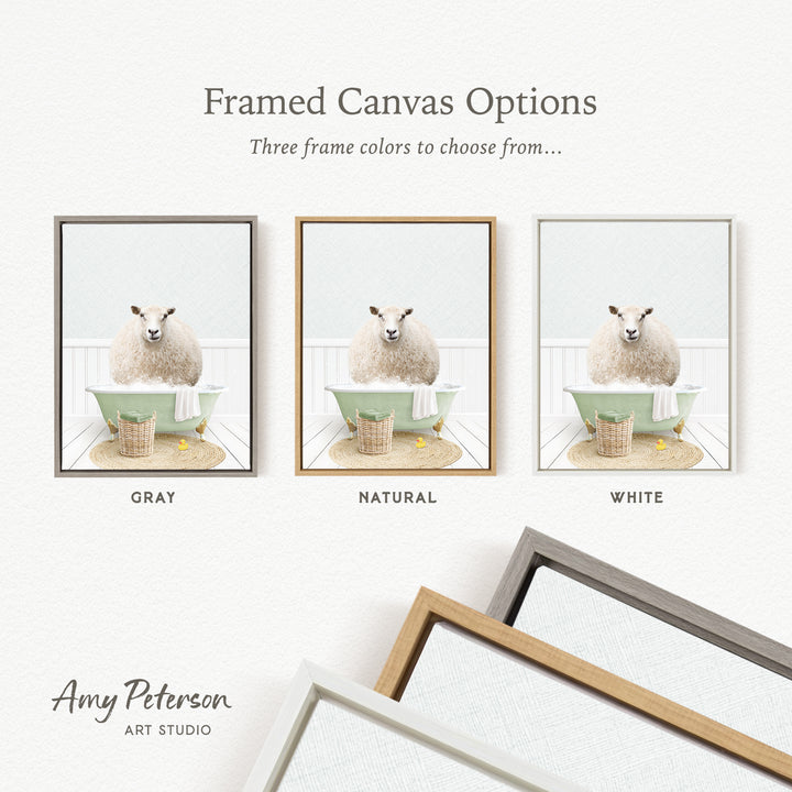 The image is a framed canvas option showcasing three different frame colors: gray, natural, and white. The canvas features a sheep sitting in a bathtub, and the frame color options are displayed below the canvas.