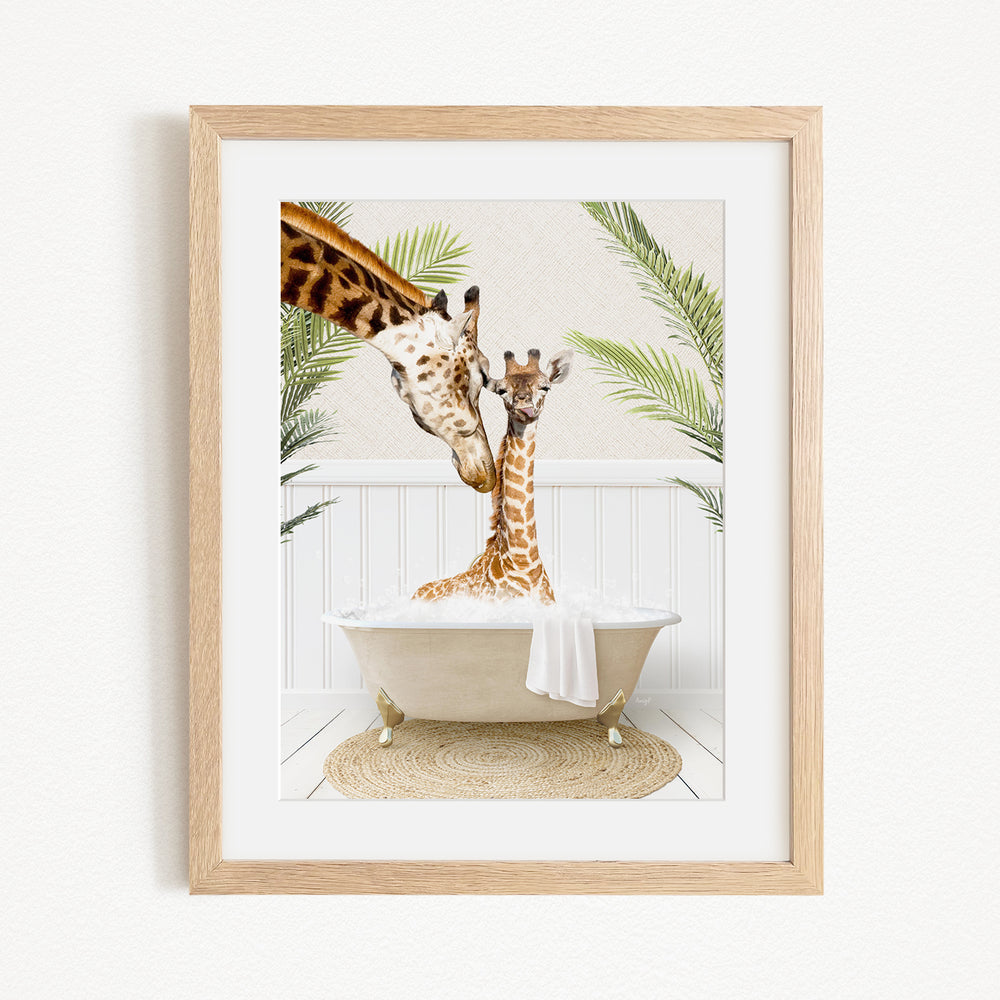 A giraffe and a baby giraffe are sitting in a bathtub filled with water, surrounded by palm leaves.