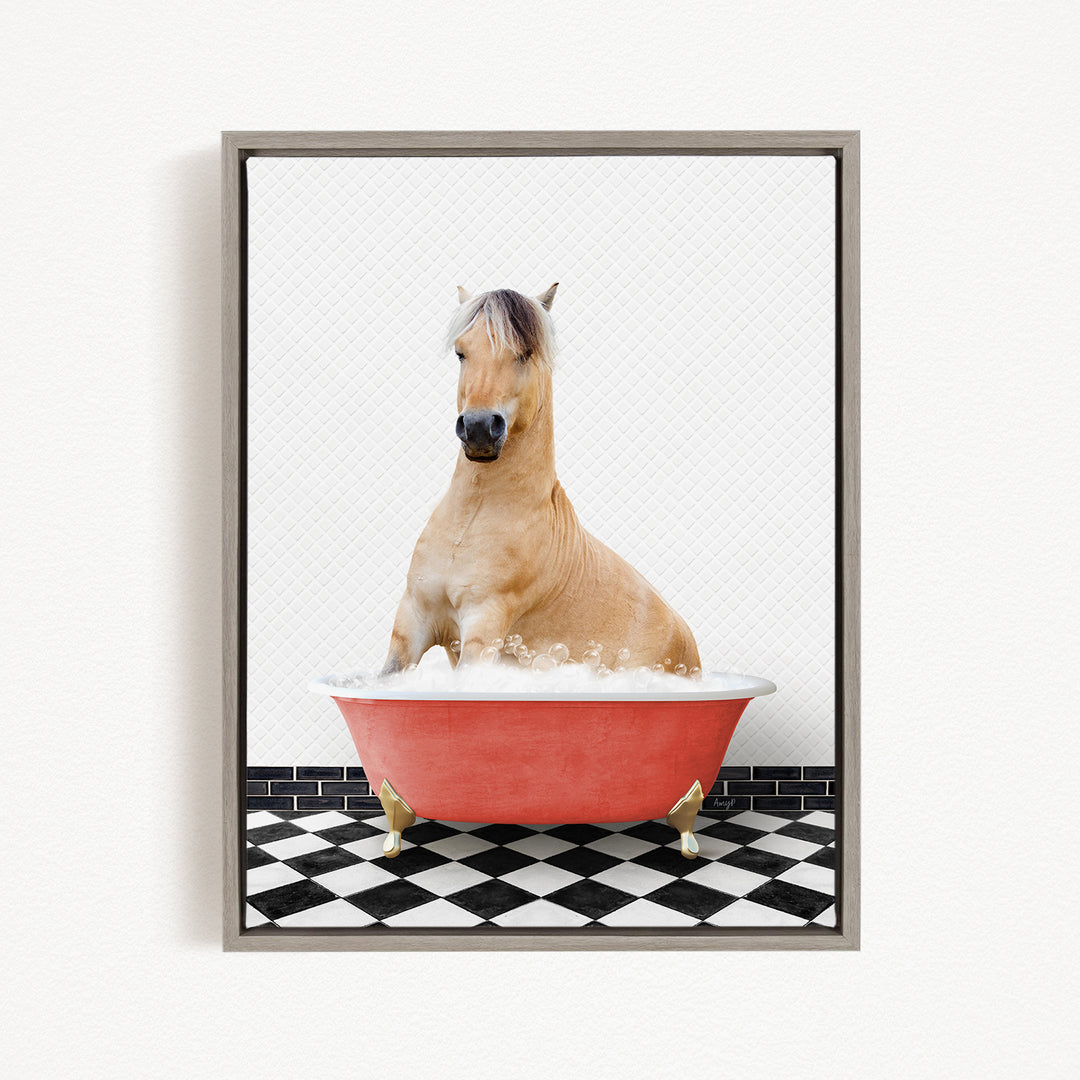 A light brown horse is sitting in a red bathtub filled with water, surrounded by a black and white checkered floor.