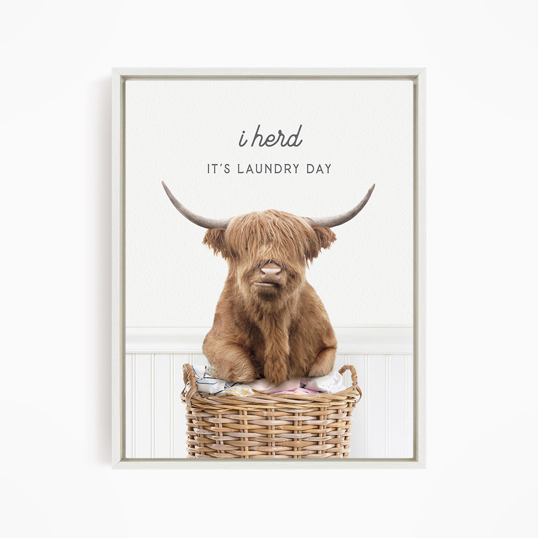 A brown Highland cow with large horns sits in a wicker basket, with the text "It's Laundry Day" above the image.