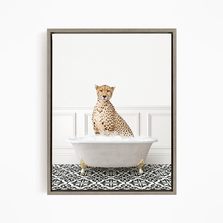 A cheetah sitting in a white bathtub filled with water, surrounded by a black and white patterned floor.