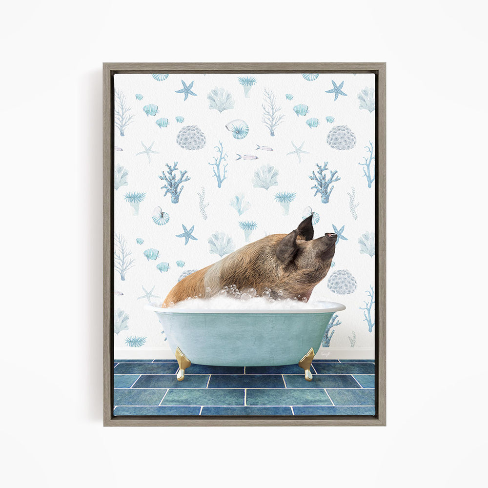 A pig is sitting in a blue bathtub filled with water, surrounded by a pattern of seashells and starfish on the wall behind it.