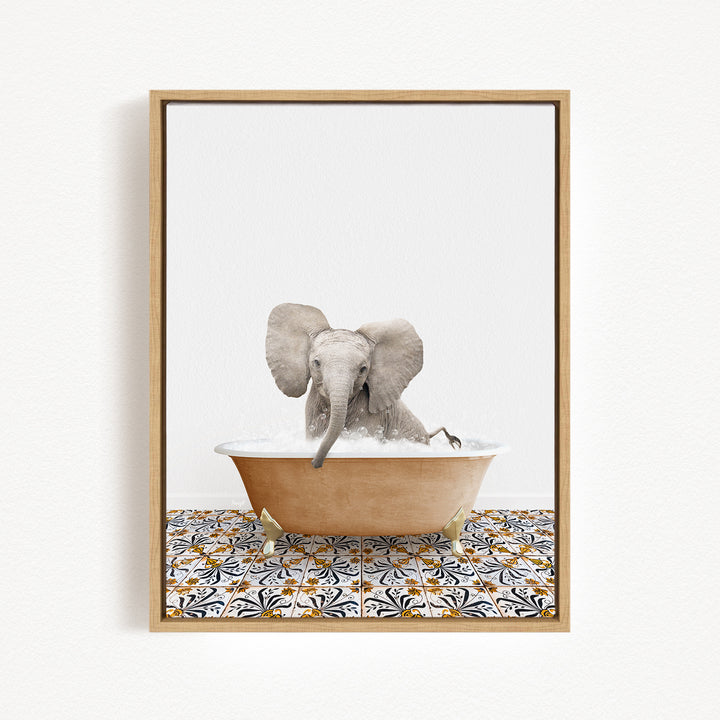 A gray elephant is sitting in a bathtub filled with water, surrounded by a patterned tile floor.