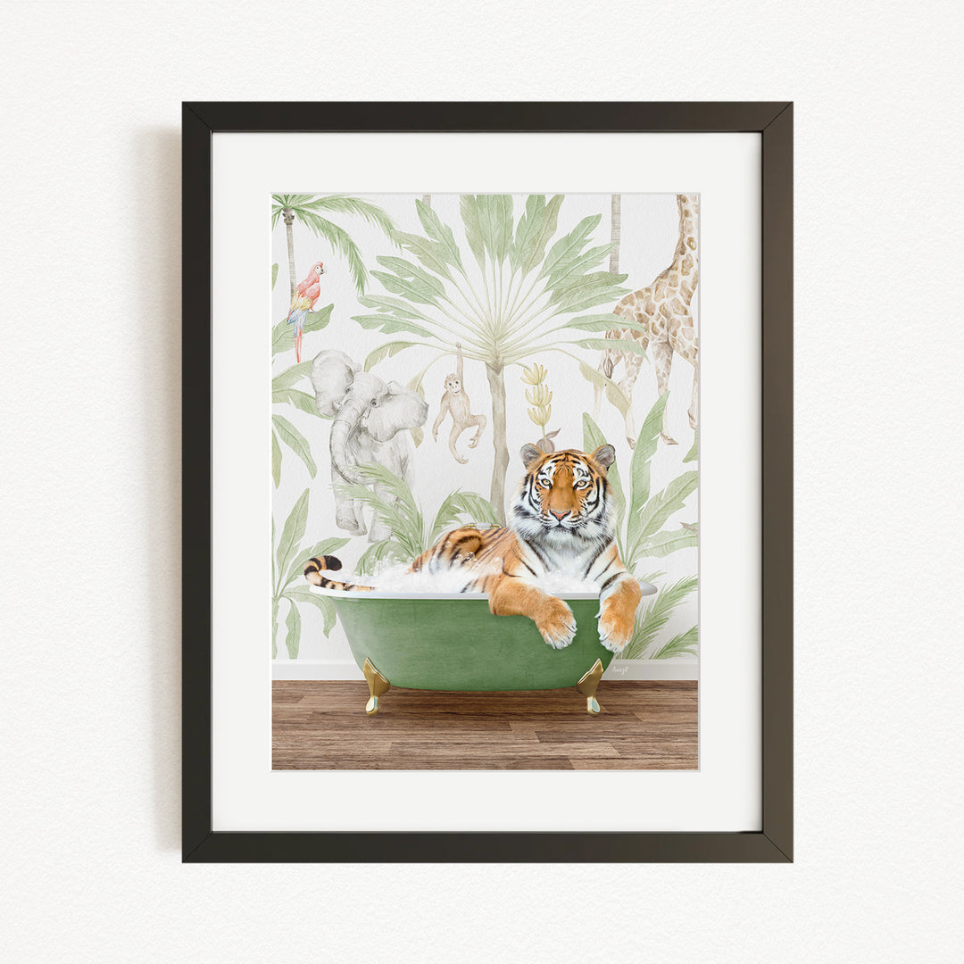 A framed print depicting a tiger sitting in a green bathtub, surrounded by various animals and plants, creating a whimsical and playful scene.