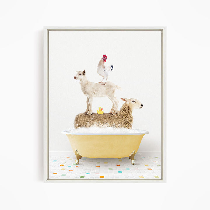 A framed image depicting a sheep standing on a chicken's back while a lamb sits in a bathtub, with a rooster perched on top of the chicken.