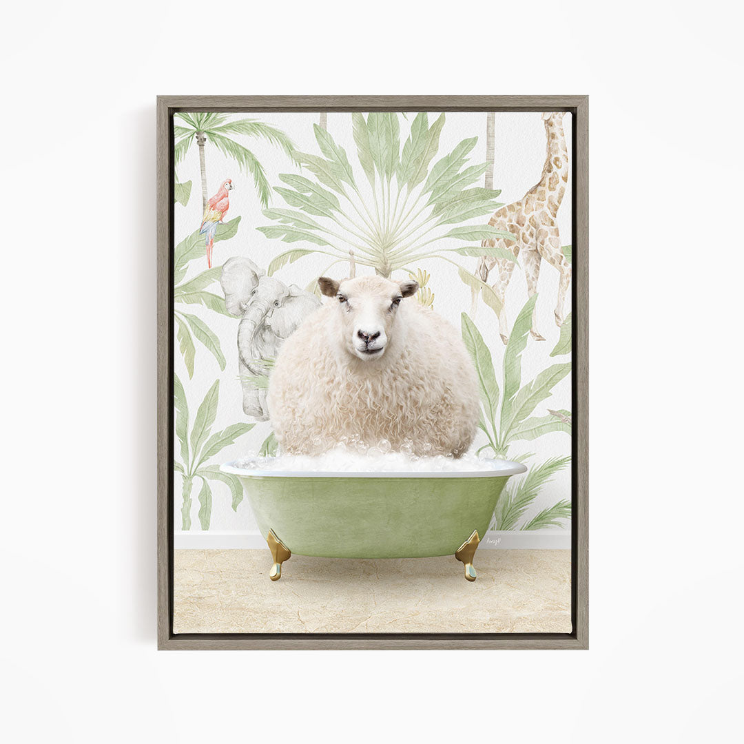 A sheep is sitting in a green bathtub, surrounded by a tropical wallpaper with various animals, including a giraffe and a parrot.