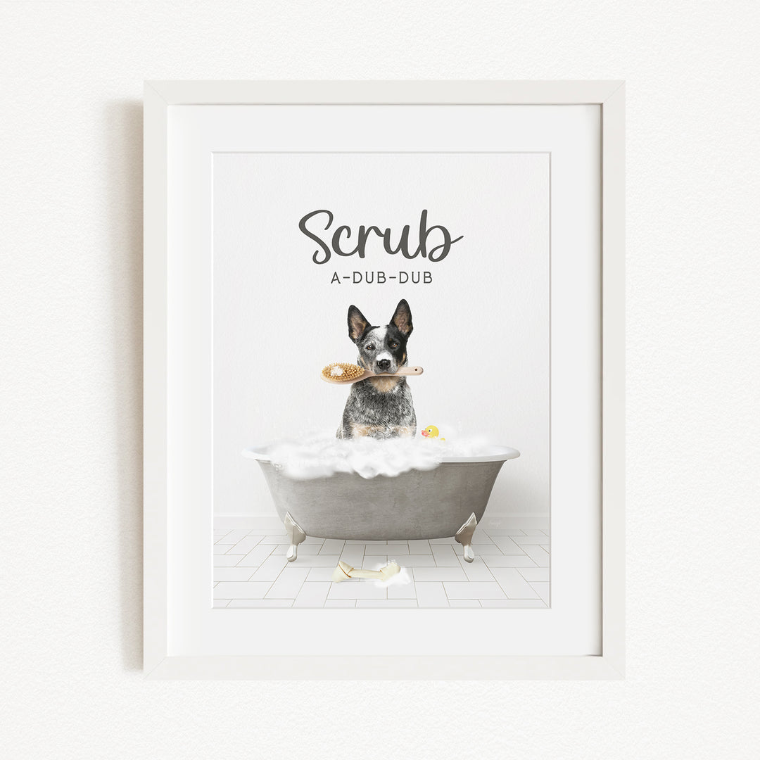 A black and white dog sitting in a bathtub, holding a yellow toy in its mouth, with the text "Scrub A-DUB-DUB" above the image.