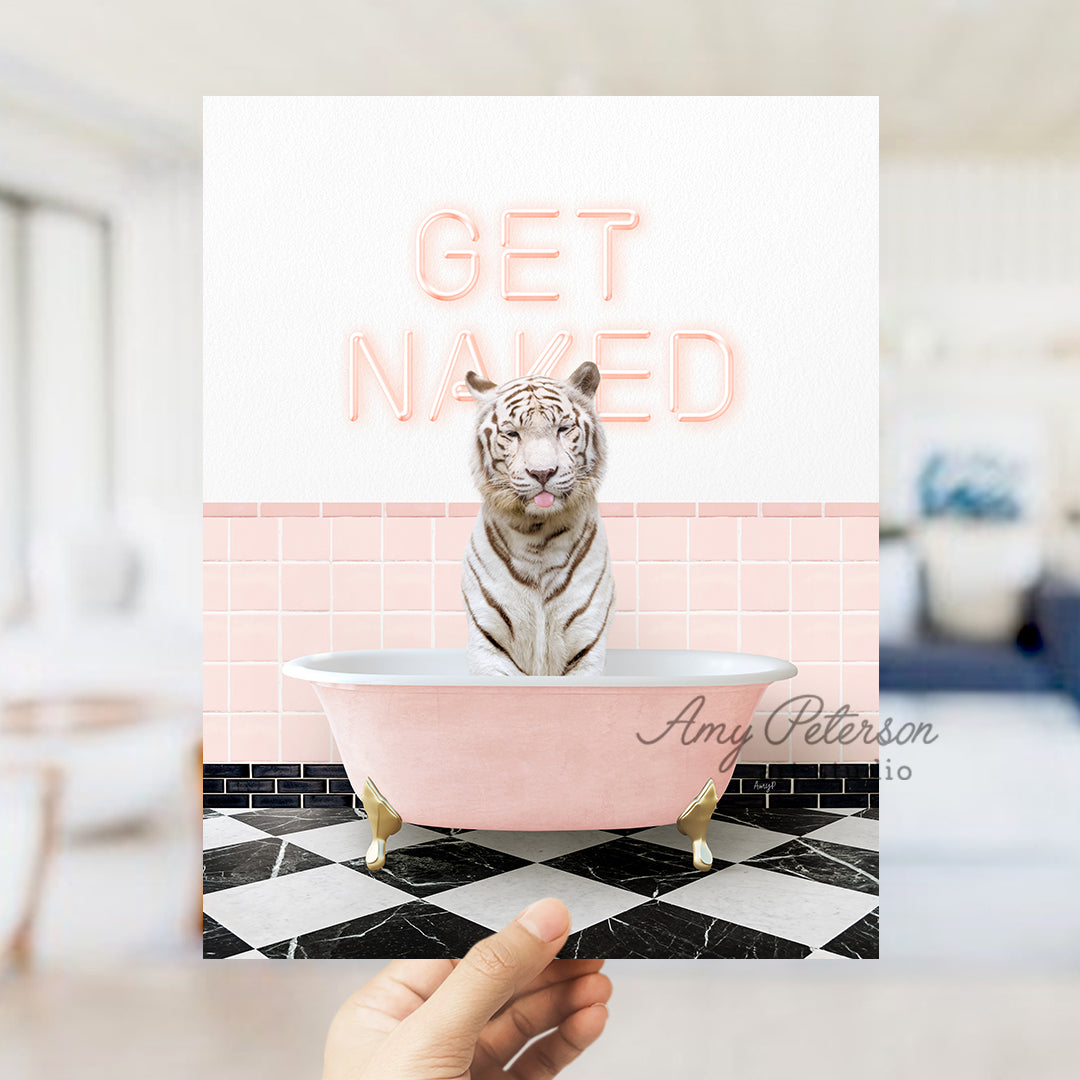 a person holding up a card with a picture of a tiger in a bathtub