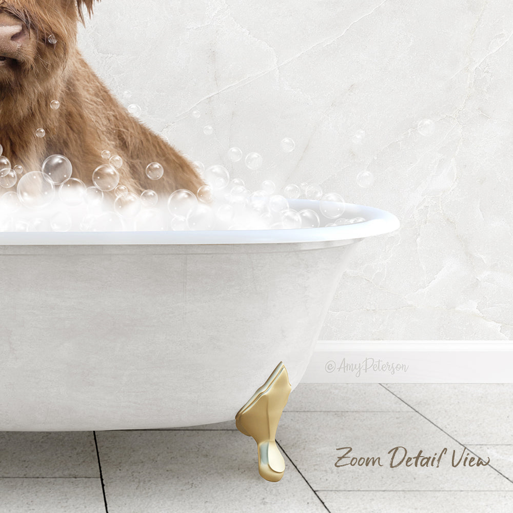 A close-up of a dog standing in a bathtub filled with bubbles, with a white marble wall in the background.