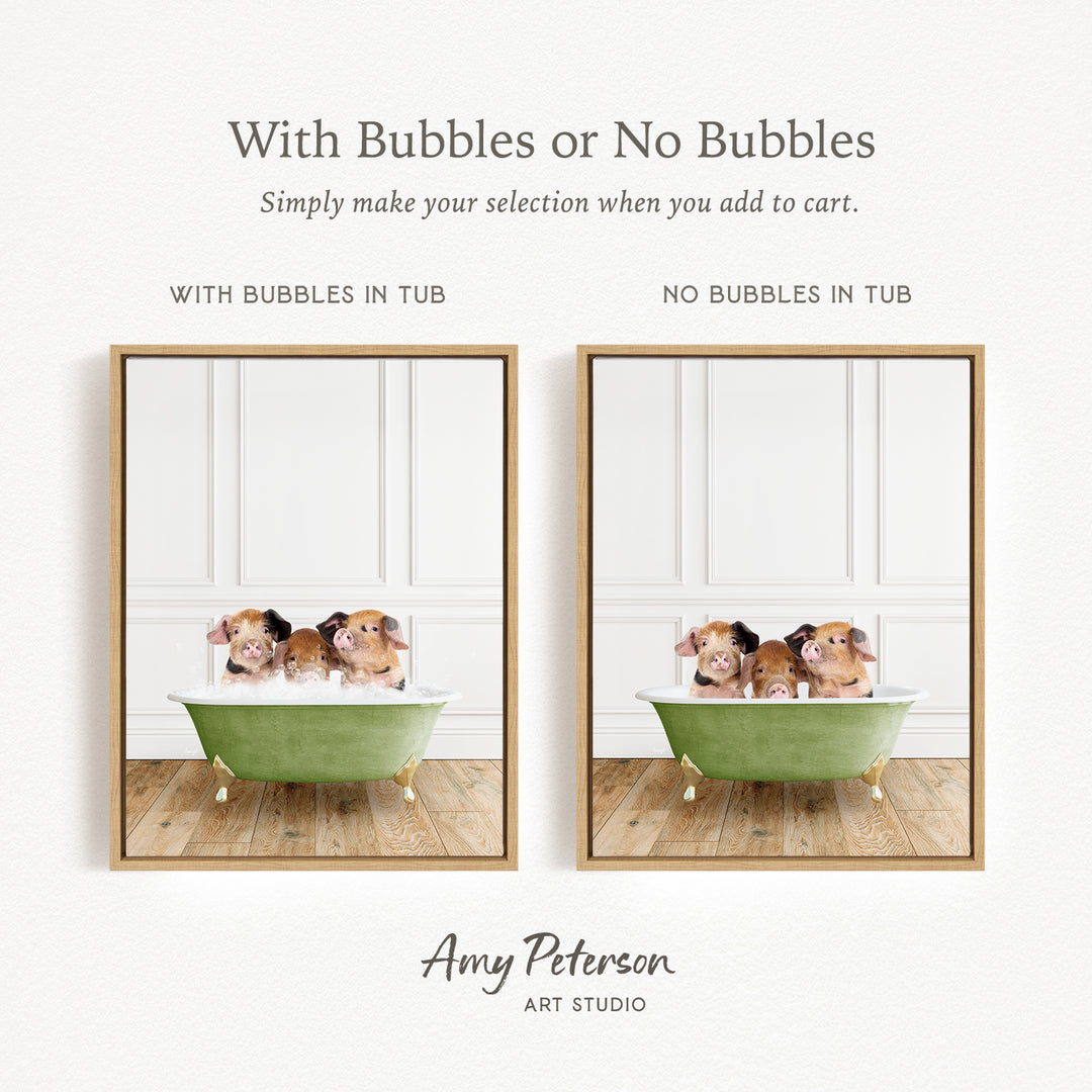 The image is a collage of two framed pictures, each depicting a group of small animals, likely hamsters, sitting in a bathtub. The text above the images reads "With Bubbles or No Bubbles" and below the images, it says "Simply make your selection when you add to cart." The artist's name, Amy Peterson, is mentioned at the bottom of the image.