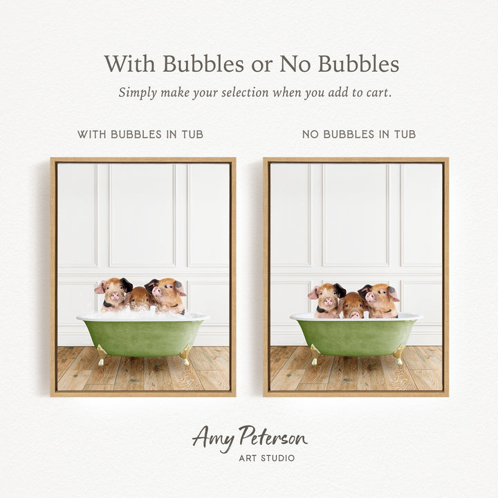 The image is a collage of two framed pictures, each depicting a group of small animals, likely hamsters, sitting in a bathtub. The text above the images reads "With Bubbles or No Bubbles" and below the images, it says "Simply make your selection when you add to cart." The artist's name, Amy Peterson, is mentioned at the bottom of the image.