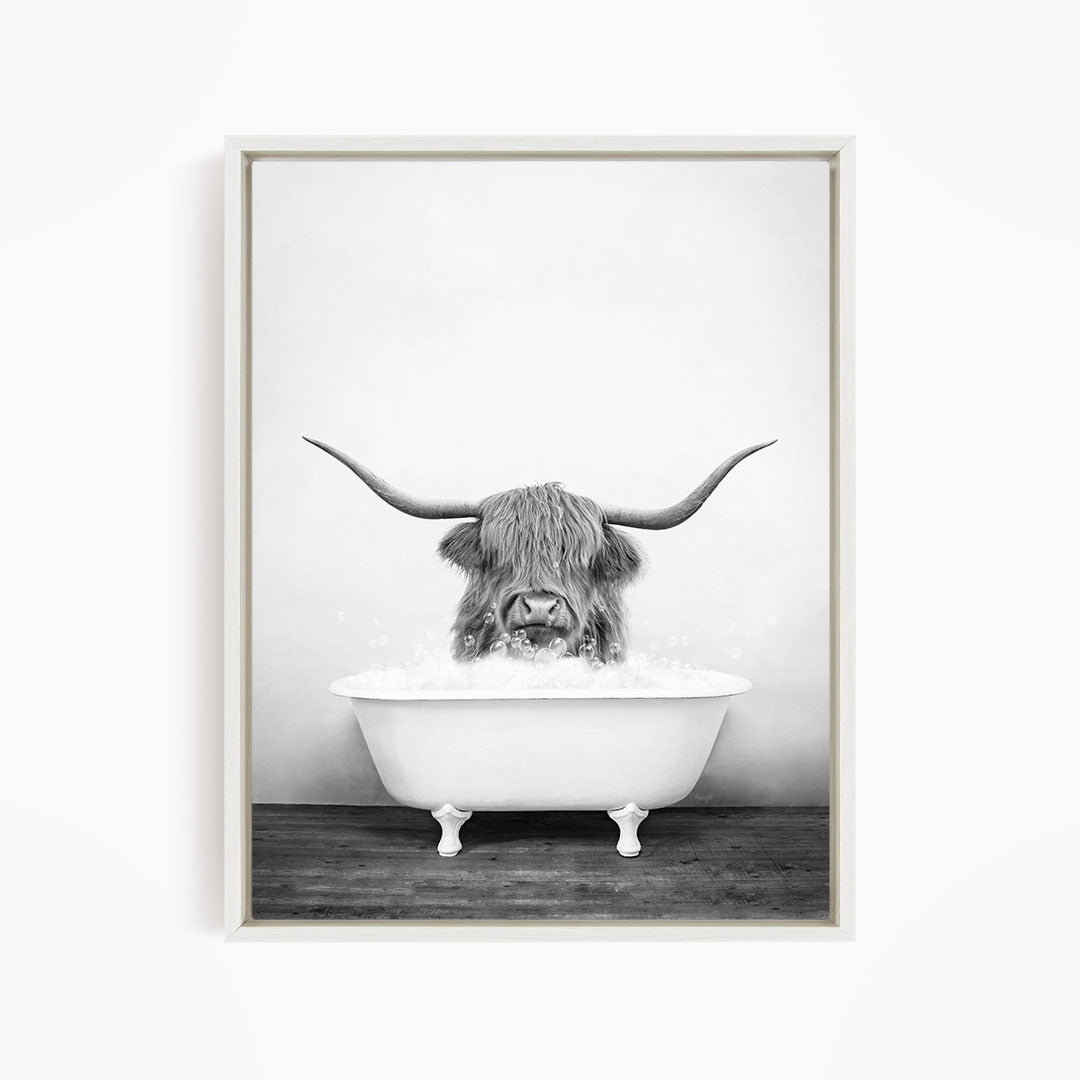 A black and white image of a horned animal, possibly a yak or a bison, sitting in a white bathtub filled with water.