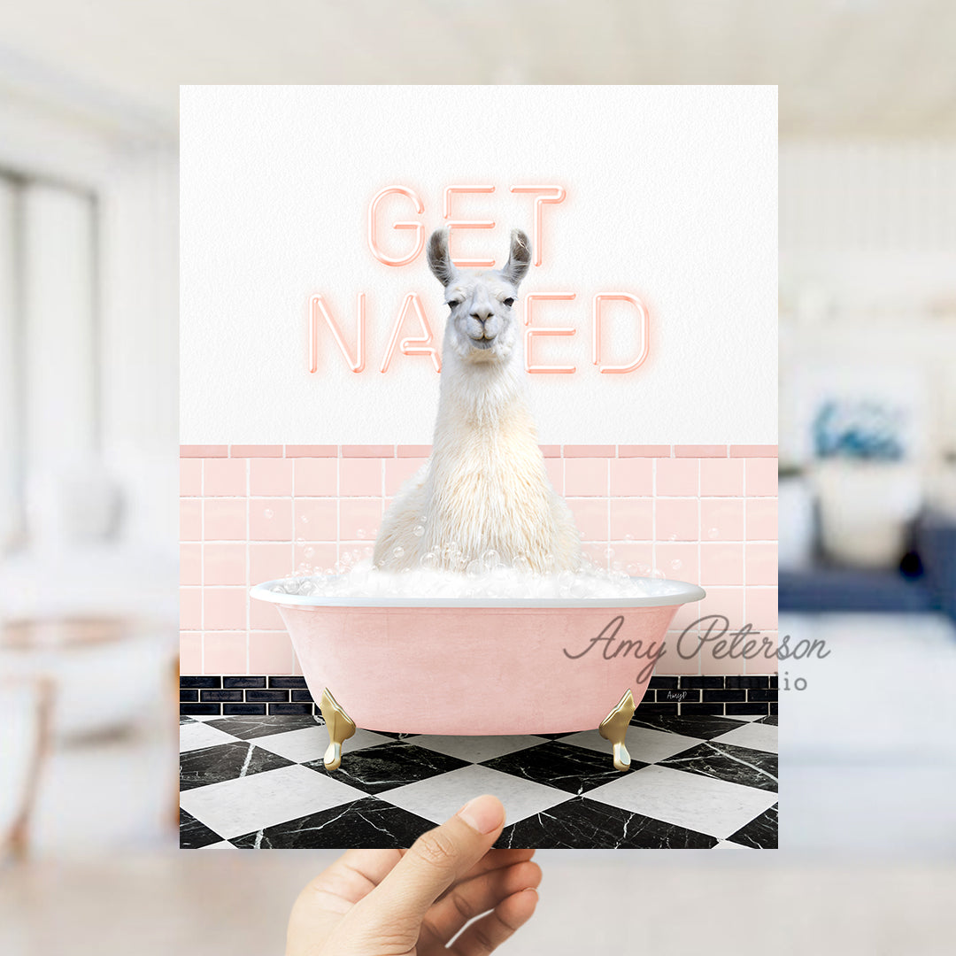 a llama sitting in a bathtub with the words get naked above it