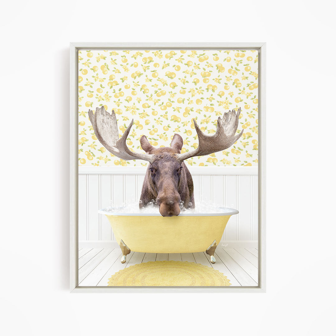 A moose with large antlers is sitting in a yellow bathtub, surrounded by a yellow and white floral patterned wall.
