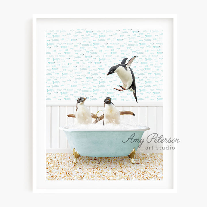 a group of penguins in a bathtub with bubbles