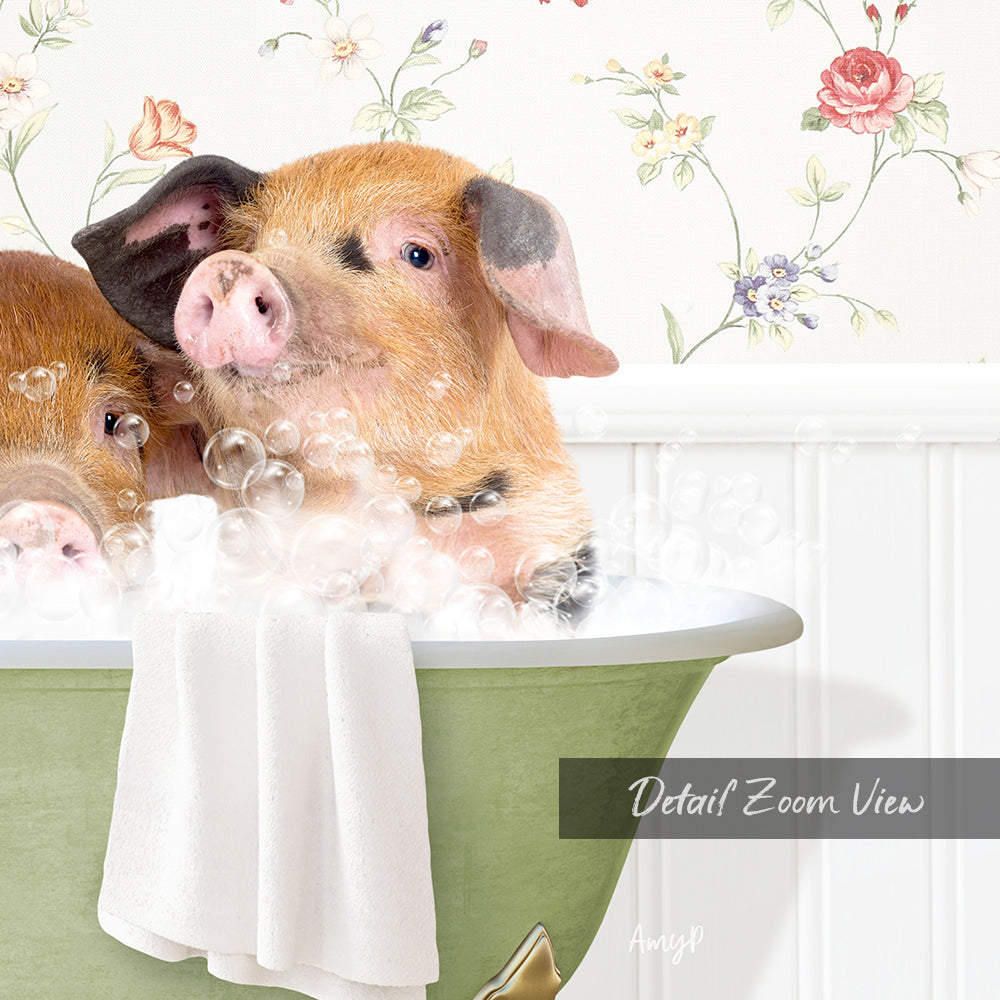 A pair of adorable pigs enjoying a relaxing bath in a green tub, surrounded by bubbles and a floral wallpaper.