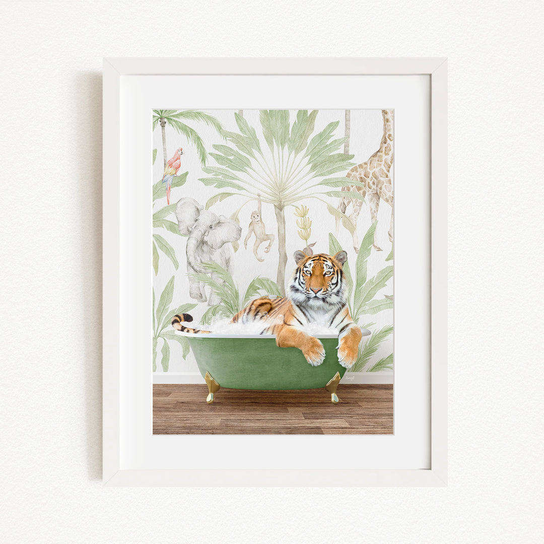 A tiger is sitting in a green bathtub, surrounded by a tropical jungle scene with palm trees, giraffes, and other animals.