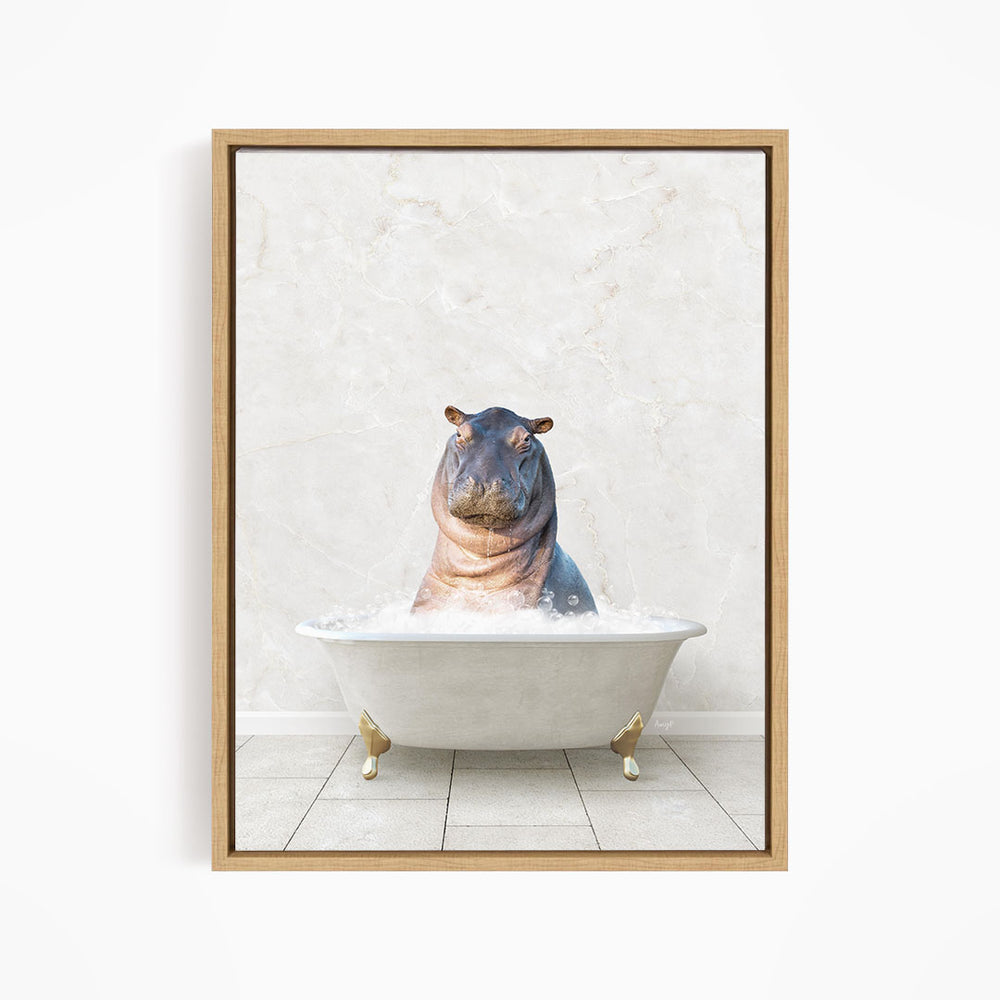 A hippopotamus sitting in a white bathtub filled with water, creating a whimsical and playful scene.