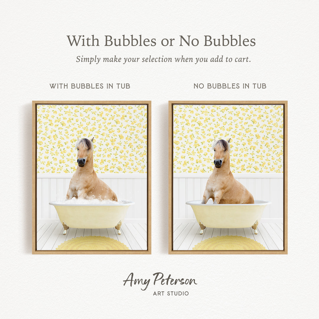 The image is a collage of two pictures, each featuring a brown horse sitting in a bathtub. The first picture has bubbles in the tub, while the second picture does not have bubbles. The text above the images reads "With Bubbles or No Bubbles Simply make your selection when you add to cart."