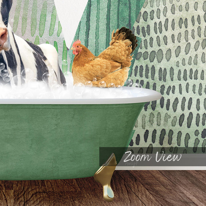 A chicken is sitting in a green bathtub filled with bubbles, with a patterned wall in the background.