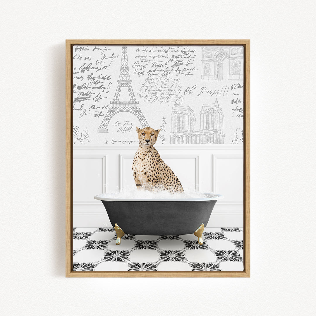 A cheetah sitting in a bathtub filled with water, surrounded by a Paris-themed background with the Eiffel Tower and other landmarks.