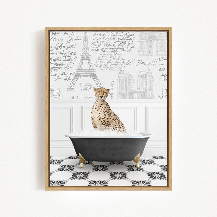 A cheetah sitting in a bathtub filled with water, surrounded by a Paris-themed background with the Eiffel Tower and other landmarks.