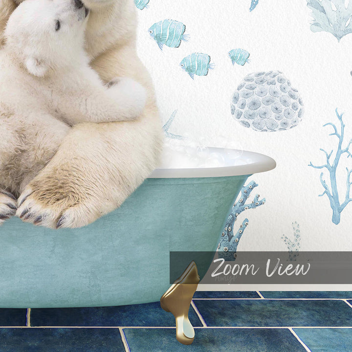 A polar bear is sitting in a bathtub, with another polar bear sitting on top of it. The bathtub is blue and has a gold claw on the side. The background features a wallpaper with illustrations of fish and coral.